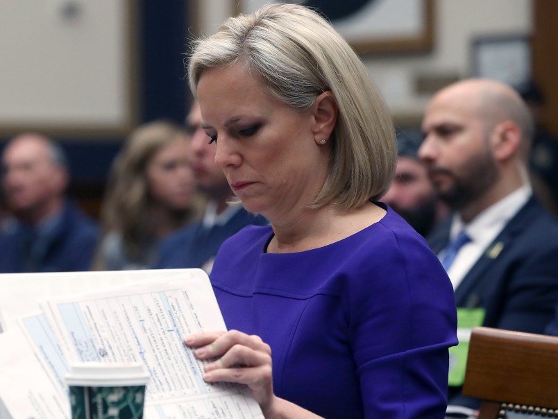 WASHINGTON, DC - DECEMBER 20:  Homeland Security Secretary Kirstjen Nielsen looks at her papers while testifing to a House Judiciary Committee  on Capitol Hill, December 20, 2018 in Washington, DC. The committee is hearing testimony about oversight of the department.  (Photo by Mark Wilson/Getty Images)