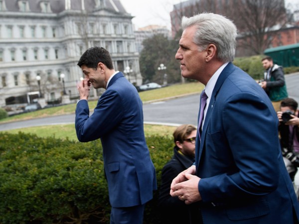 Speaker of the House Paul Ryan (R-WI) (L) and House Majority Leader Representative Kevin McCarthy (R-CA) leave after making a statement to the press following a meeting with US President Donald Trump at the White House December 20, 2018 in Washington, DC. - US President Donald Trump will not sign a stopgap spending bill because it does not contain border wall funding, Republican lawmakers said Thursday, dramatically escalating chances of a government shutdown before Christmas. Trump's rejection comes just one day before funding expires for key government agencies and sent lawmakers scrambling for a new compromise, although Democrats have stood firm saying they will not support a spending measure that funds Trump's wall on the US-Mexico border. (Photo by Brendan Smialowski / AFP)        (Photo credit should read BRENDAN SMIALOWSKI/AFP/Getty Images)