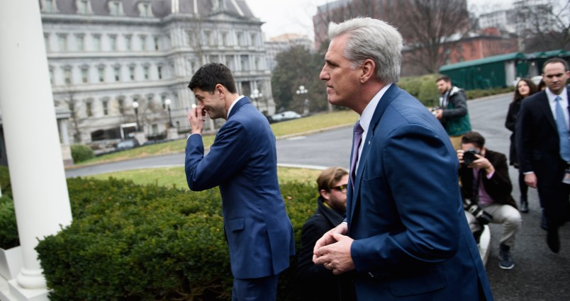 Speaker of the House Paul Ryan (R-WI) (L) and House Majority Leader Representative Kevin McCarthy (R-CA) leave after making a statement to the press following a meeting with US President Donald Trump at the White House December 20, 2018 in Washington, DC. - US President Donald Trump will not sign a stopgap spending bill because it does not contain border wall funding, Republican lawmakers said Thursday, dramatically escalating chances of a government shutdown before Christmas. Trump's rejection comes just one day before funding expires for key government agencies and sent lawmakers scrambling for a new compromise, although Democrats have stood firm saying they will not support a spending measure that funds Trump's wall on the US-Mexico border. (Photo by Brendan Smialowski / AFP)        (Photo credit should read BRENDAN SMIALOWSKI/AFP/Getty Images)