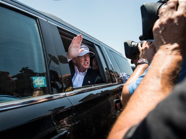 LAREDO, TEXAS - JULY 23:  Republican Presidential candidate and business mogul Donald Trump exits his plane during his trip to the border on July 23, 2015 in Laredo, Texas. Trump's recent comments, calling some immigrants from Mexico as drug traffickers and rapists, have stirred up reactions on both sides of the aisle. Although fellow Republican presidential candidate Rick Perry has denounced Trump's comments and his campaign in general, U.S. Senator from Texas Ted-Cruz has so far refused to bash his fellow Republican nominee. (Photo by Matthew Busch/Getty Images)