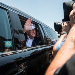 LAREDO, TEXAS - JULY 23:  Republican Presidential candidate and business mogul Donald Trump exits his plane during his trip to the border on July 23, 2015 in Laredo, Texas. Trump's recent comments, calling some immigrants from Mexico as drug traffickers and rapists, have stirred up reactions on both sides of the aisle. Although fellow Republican presidential candidate Rick Perry has denounced Trump's comments and his campaign in general, U.S. Senator from Texas Ted-Cruz has so far refused to bash his fellow Republican nominee. (Photo by Matthew Busch/Getty Images)