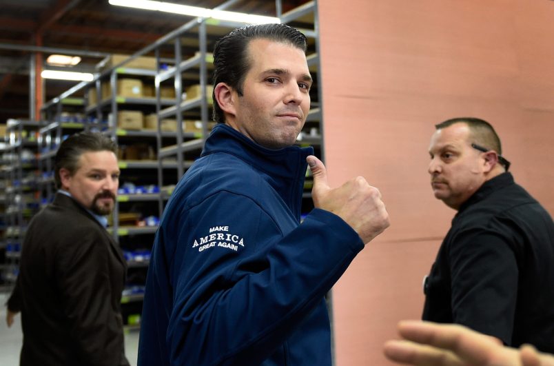 Donald Trump Jr. speaks during a get-out-the-vote rally for his father,ÊRepublican presidential nominee Donald Trump,Êat Ahern ManufacturingÊon November 3, 2016 in Las Vegas, Nevada. Trump Jr. urged people to vote for his father during early voting, which ends on November 4 in the battleground state, and on Election Day.