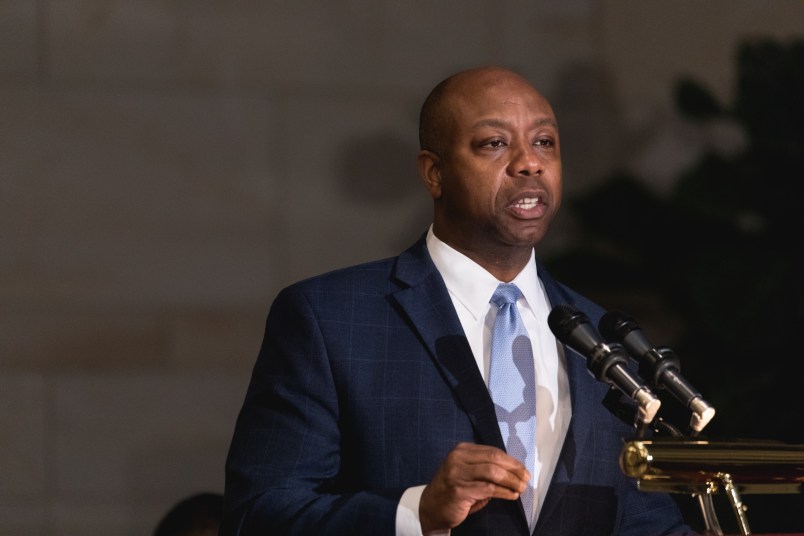 Senator Tim Scott (R-SC), speaks at the Commemoration of the Bicentennial of the Birth of Frederick Douglass, in Emancipation Hall of the U.S. Capitol, on Wednesday, Feb. 14, 2018. (Photo by Cheriss May/NurPhoto)