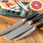 The Damasukasu Japanese 3-Piece Master Chef Hanshu Knife Set are created with the same process developed to make samurai swords.