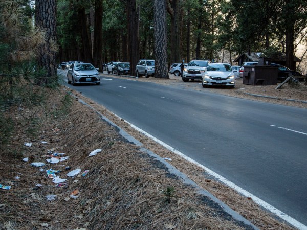 HOLD FOR PERMISSION-In this Monday, Dec. 31, 2018 photo provided by Dakota Snider shows a road lined with trash in Yosemite National Park, Calif. Human feces, overflowing garbage, illegal off-roading and other damaging behavior in fragile areas were beginning to overwhelm some of the West's iconic national parks on Monday, as a partial government shutdown left the areas open to visitors but with little staff on duty.(Dakota Snider via AP)