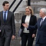 White House Senior Adviser Jared Kushner, left, Homeland Security Secretary Kirstjen Nielsen, and Vice President Mike Pence, talk as they walk down the steps of the Eisenhower Executive Office Building on the White House complex, Saturday, Jan. 5, 2019, in Washington. (AP Photo/Alex Brandon)
