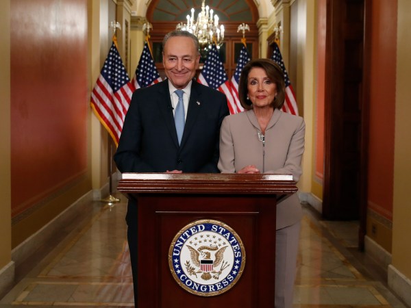 House Speaker Nancy Pelosi of Calif., and Senate Minority Leader Chuck Schumer of N.Y., speak on Capitol Hill in response President Donald Trump's address, Tuesday, Jan. 8, 2019, in Washington. (AP Photo/Alex Brandon)