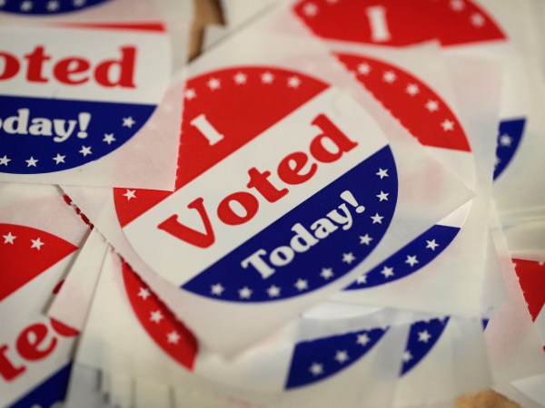 DES MOINES, IA - OCTOBER 08:  Stickers are made available to voters who cast a ballot in the midterm elections at the Polk County Election Office on October 8, 2018 in Des Moines, Iowa. Today was the first day of early voting in the state.  (Photo by Scott Olson/Getty Images)