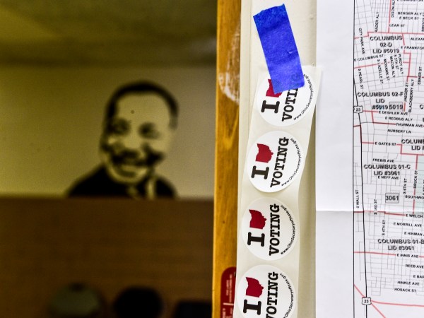 DOWNTOWN COLUMBUS, COLUMBUS, OHIO, UNITED STATES - 2018/11/06: Stickers with the words I love voting are at the entrance of Barrack Recreation Centre polling stationVoters turned up to cast their ballots in the 2018 Primary election in Ohio. (Photo by Matthew Hatcher/SOPA Images/LightRocket via Getty Images)