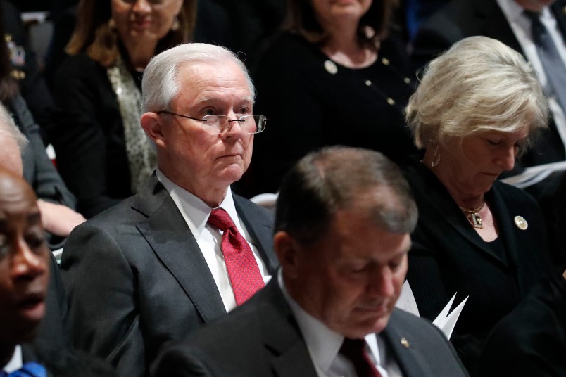 Former Attorney General Jeff Sessions listens during the State Funeral for former President George H.W. Bush at the National Cathedral, Wednesday, Dec. 5, 2018, in Washington. (AP Photo/Alex Brandon, Pool)