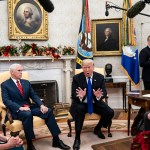 WASHINGTON, DC - DECEMBER 11 : President Donald J. Trump debates with House Minority Leader Nancy Pelosi, D-Calif., left, and Senate Minority Leader Chuck Schumer, D-N.Y., right, as Vice President Mike Pence listens during a meeting in the Oval Office of White House on Tuesday, Dec. 11, 2018 in Washington, DC. (Photo by Jabin Botsford/The Washington Post)