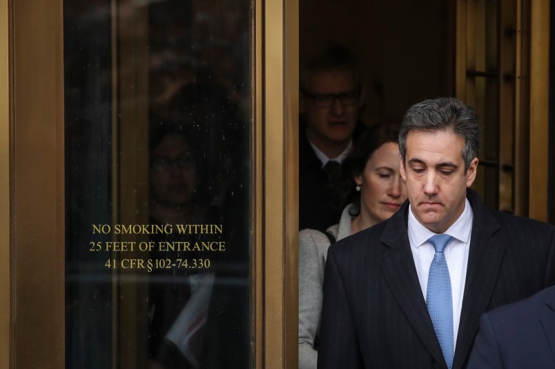 NEW YORK, NY - DECEMBER 12: Michael Cohen, President Donald Trump's former personal attorney and fixer,  exits federal court after his sentencing hearing, December 12, 2018 in New York City. Cohen was sentenced to 3 years in prison after pleading guilty in August to several charges, including multiple counts of tax evasion, a campaign finance violation and lying to Congress. (Photo by Drew Angerer/Getty Images)