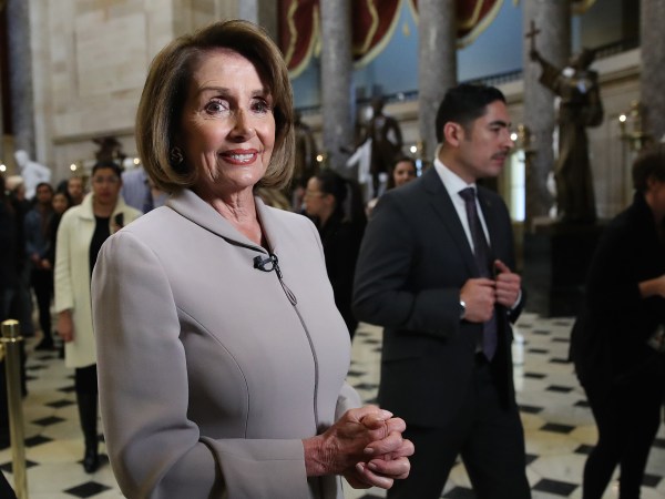WASHINGTON, DC - JANUARY 02: House Democratic Leader Nancy Pelosi (D-CA) is interviewed while walking through the U.S. Capitol on January 02, 2019 in Washington, DC. Pelosi, who is scheduled to become the next Speaker of the House tomorrow, will meet with other leaders of Congress and U.S. President Donald Trump at the White House later today to discuss border security and ending the partial shutdown of the U.S. government. (Photo by Win McNamee/Getty Images)