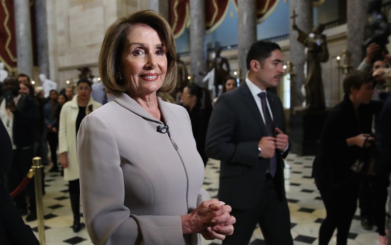 WASHINGTON, DC - JANUARY 02: House Democratic Leader Nancy Pelosi (D-CA) is interviewed while walking through the U.S. Capitol on January 02, 2019 in Washington, DC. Pelosi, who is scheduled to become the next Speaker of the House tomorrow, will meet with other leaders of Congress and U.S. President Donald Trump at the White House later today to discuss border security and ending the partial shutdown of the U.S. government. (Photo by Win McNamee/Getty Images)
