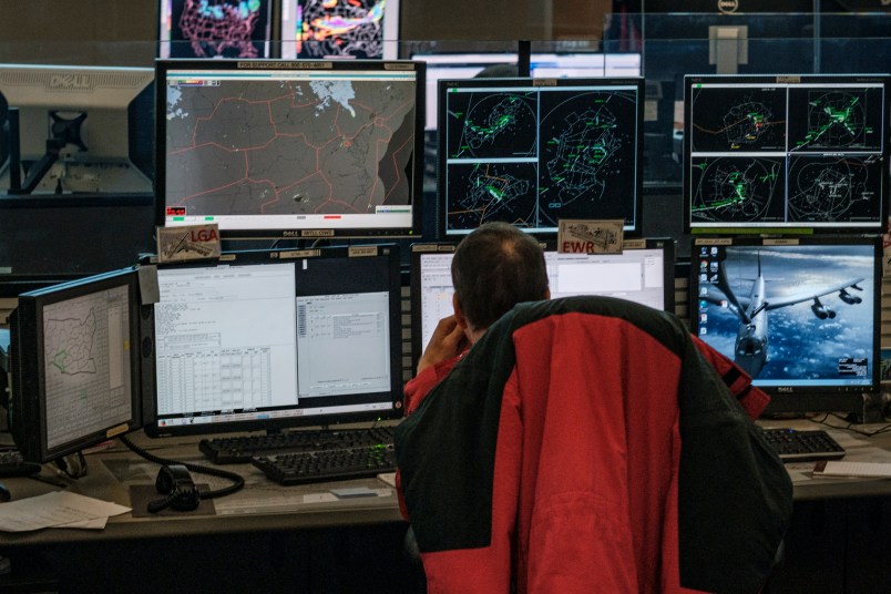 WARRENTON, VIRGINIA - NOVEMBER 16: Traffic Management Specialists monitor airline traffic at the Air Traffic Control System Command Center on Friday, November 16, 2018 in Warrenton, Virginia. The facility balances air traffic demand with system capacity in the National Airspace System and is a part of the Federal Aviation Administration (FAA) air traffic control system. (Photo by Pete Marovich For The Washington Post)