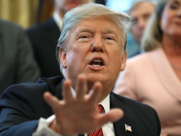 WASHINGTON, DC - JANUARY 09:  U.S. President Donald Trump speaks to the media after signing Anti-Human Trafficking LegislationÊin the Oval Office on January 9, 2019 in Washington, DC. President Trump also spoke about the stalemate between congressional leaders to come to a bipartisan solution for more money to build a wall along the U.S.-Mexico border.  (Photo by Mark Wilson/Getty Images)