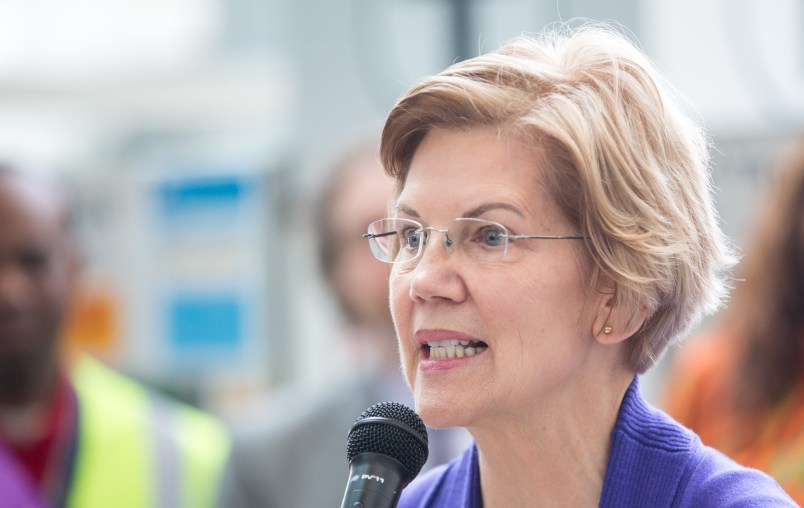 BOSTON, MA - JANUARY 21:  Sen. Elizabeth Warren (D-MA), speaks during a rally for airport workers affected by the government shutdown at Boston Logan International Airport on January 21, 2019 in Boston, Massachusetts.  As the partial government shutdown enters its fifth week, the stalemate between President Donald Trump and congressional Democrats continues as they cannot come to a bipartisan solution on border security.  (Photo by Scott Eisen/Getty Images)