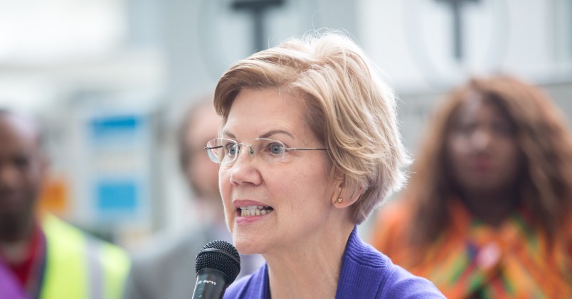 BOSTON, MA - JANUARY 21:  Sen. Elizabeth Warren (D-MA), speaks during a rally for airport workers affected by the government shutdown at Boston Logan International Airport on January 21, 2019 in Boston, Massachusetts.  As the partial government shutdown enters its fifth week, the stalemate between President Donald Trump and congressional Democrats continues as they cannot come to a bipartisan solution on border security.  (Photo by Scott Eisen/Getty Images)