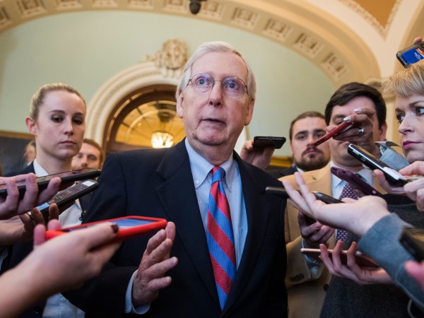UNITED STATES - JANUARY 25: Senate Majority Leader Mitch McConnell, R-Ky., talks with reporters outside the Senate chamber about a continuing resolution to re-open the government on Friday, January 25, 2019. (Photo By Tom Williams/CQ Roll Call)