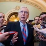UNITED STATES - JANUARY 25: Senate Majority Leader Mitch McConnell, R-Ky., talks with reporters outside the Senate chamber about a continuing resolution to re-open the government on Friday, January 25, 2019. (Photo By Tom Williams/CQ Roll Call)