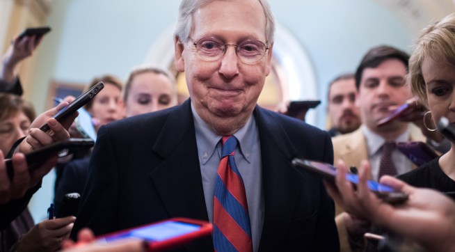 UNITED STATES - JANUARY 25: Senate Majority Leader Mitch McConnell, R-Ky., talks with reporters outside the Senate chamber about a continuing resolution to re-open the government on Friday, January 25, 2019. (Photo By Tom Williams/CQ Roll Call)