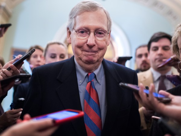 UNITED STATES - JANUARY 25: Senate Majority Leader Mitch McConnell, R-Ky., talks with reporters outside the Senate chamber about a continuing resolution to re-open the government on Friday, January 25, 2019. (Photo By Tom Williams/CQ Roll Call)
