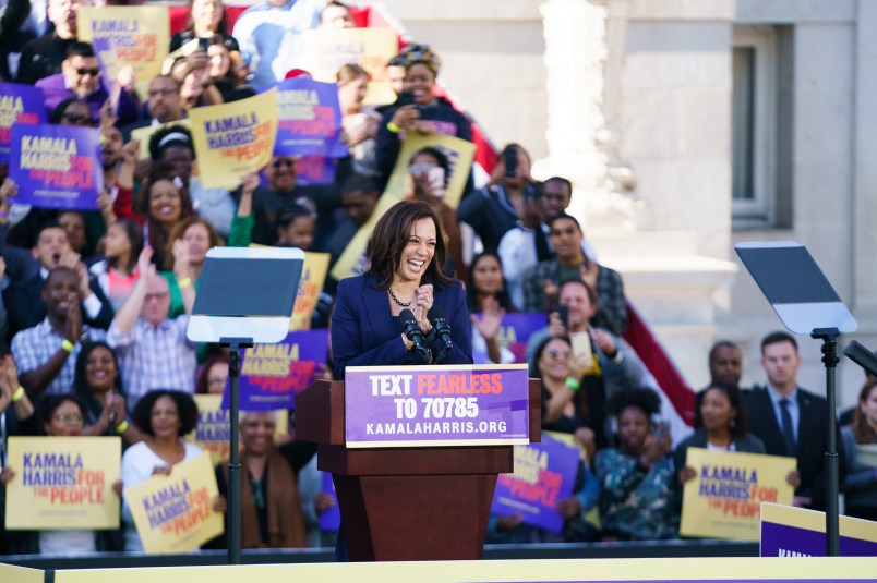 OAKLAND, CA - JANUARY 27: U.S. Senator Kamala Harris (D-CA) waves to her supporters during her Presidential campaign launch rally in Frank H. Ogawa Plaza on January 27, 2019, in Oakland, California. Twenty thousand people turned out to see the Oakland native launch her presidential campaign in front of Oakland City Hall. (Photo by Mason Trinca/Getty Images)