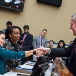 UNITED STATES - JANUARY 29: From left, Reps. Alexandria Ocasio-Cortez, D-N.Y., Ayanna Pressley, D-Mass., Mark Meadows, R-N.C., talk during a House Oversight and Reform Committee business meeting in Rayburn Building on Tuesday, January 29, 2019. (Photo By Tom Williams/CQ Roll Call)