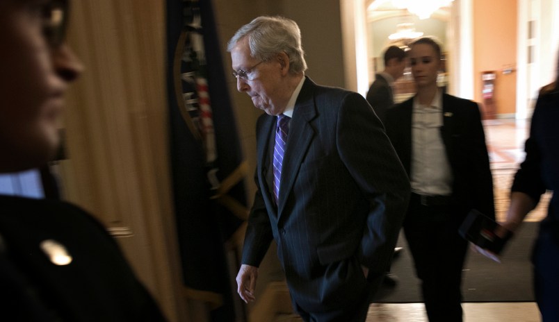 WASHINGTON, DC - JANUARY 23: Senate Majority Leader Mitch McConnell (R-KY) returns to his office after the U.S. Senate adjourned for the day January 23, 2019 in Washington, DC. McConnell has indicated the Senate will vote on two bills to end the partial government shutdown on Thursday of this week. (Photo by Win McNamee/Getty Images)