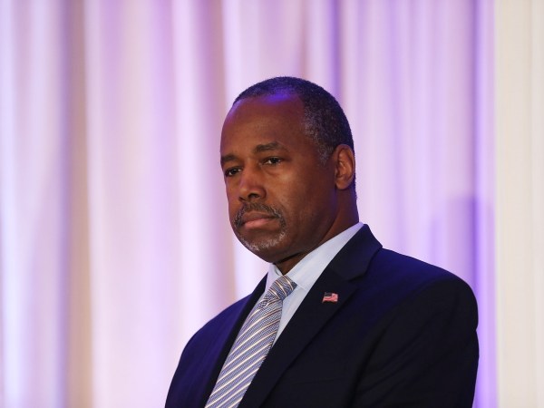 PALM BEACH, FL - MARCH 11:  Former Republican presidential candidate Ben Carson gives his endorsement to Republican presidential candidate Donald Trump during a press conference at the Mar-A-Lago Club on March 11, 2016 in Palm Beach, Florida. Presidential candidates continue to campaign before Florida's March 15th primary day.  (Photo by Joe Raedle/Getty Images)