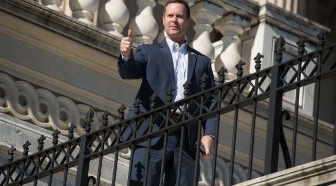 UNITED STATES - JANUARY 19: Rep. Rodney Davis, R-Ill., is seen on the Capitol steps after the House's last scheduled vote as the Senate considers the continuing resolution to fund the government on January 19, 2018. (Photo By Tom Williams/CQ Roll Call)