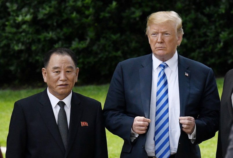 WASHINGTON, DC - JUNE 01: US President Donald Trump stands with Kim Yong Chol, former North Korean military intelligence chief and one of leader Kim Jong Un's closest aides, on the South Lawn of  the White House on June 1, 2018 in Washington, DC. Both Trump and Kim Yong Chol are trying to salvage a recently canceled historic summit between US President Donald Trump and North Korean leader Kim Jong-un scheduled for June 12. (Photo by Olivier Douliery-Pool/Getty Images)
