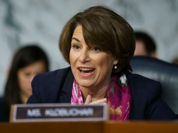 Senate Judiciary Committee member Sen. Amy Klobuchar, D-Minn., questions Attorney General nominee William Barr during a Senate Judiciary Committee hearing on Capitol Hill in Washington, Tuesday, Jan. 15, 2019. (AP Photo/Carolyn Kaster)