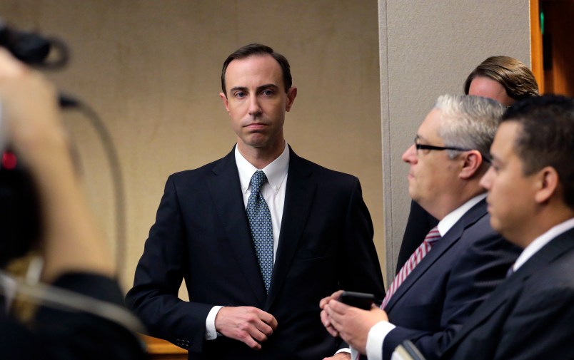 Secretary of State David Whitley, left, arrives for his confirmation hearing, Thursday, Feb. 7, 2019, in Austin, Texas, where he addressed the backlash surrounding Texas' efforts to find noncitizens on voter rolls. Whitley denies his office made mistakes over a list of 95,000 voters whose U.S. citizenship was called into question but included thousands of wrongly flagged names. (AP Photo/Eric Gay)
