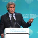 American actor Harrison Ford speaks about ocean conservation at the World Government Summit in Dubai, United Arab Emirates, Tuesday, Feb. 12, 2019. Ford on Tuesday offered an emphatic plea for protecting the ocean while calling out those who "deny or denigrate science." (AP Photo/Jon Gambrell)
