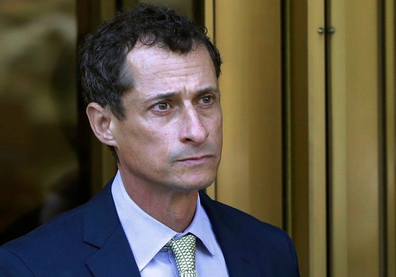 FILE - In this Sept. 25, 2017 file photo, former Congressman Anthony Weiner leaves federal court following his sentencing in New York. Weiner is set to report to the Federal Medical Center, Devens, Mass., Monday, Nov. 6, 2017, to serve his prison sentence in a sexting case that rocked the presidential race. (AP Photo/Mark Lennihan, File)