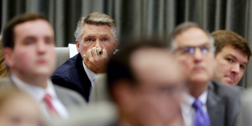 Mark Harris listens to the public evidentiary hearing on the 9th Congressional District investigation Monday morning, Feb. 18, 2019, at the North Carolina State Bar in Raleigh.