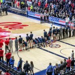 Six Mississippi basketball players take a knee during the National Anthem before the start of the game against Georgia at the Pavilion at Ole Miss in Oxford, Miss. on Saturday, February 23, 2019. (Nathanael Gabler, Oxford Eagle via AP)