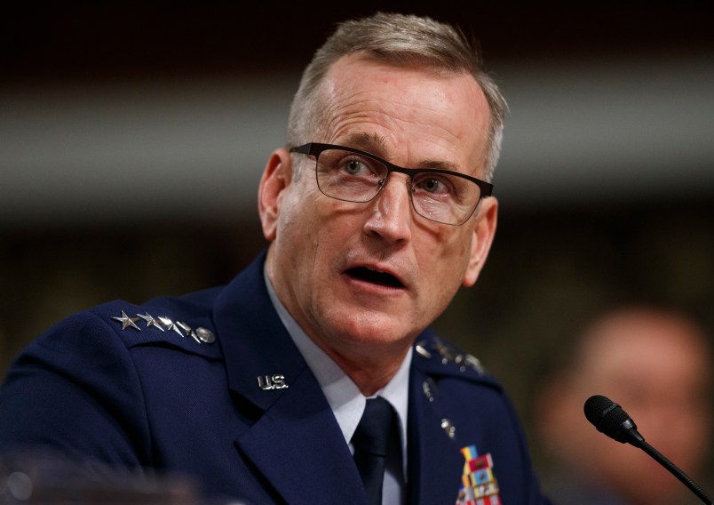 Air Force Gen. Terrence O'Shaughnessy testifies during a Senate Armed Services Committee hearing on Capitol Hill in Washington, Tuesday, April 17, 2018. The committee is considering the nomination of Air Force Gen. O'Shaughnessy for reappointment to the grade of general and to be Commander of the United States Northern Command and Commander of the North American Aerospace Defense Command. (AP Photo/Carolyn Kaster)