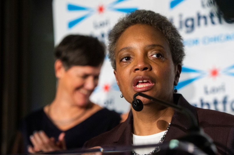 Chicago Mayoral Candidate Lori Lightfoot addresses the crowd at her election night party as she leads in the polls, Tuesday, Feb. 26, 2019, in Chicago. | Tyler LaRiviere/Sun-Times