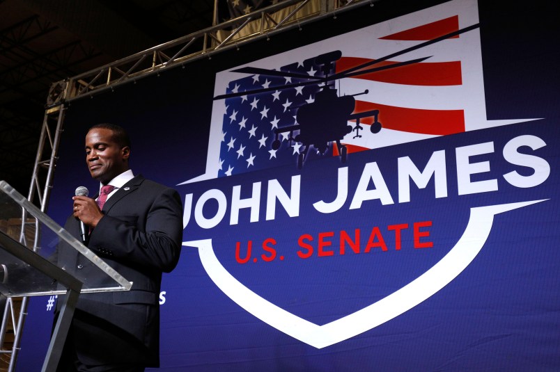 DETROIT, MI - AUGUST 7: John James, Michigan GOP Senate candidate, speaks at an election night event after winning his primary election at his business James Group International  August 7th, 2018 in Detroit, Michigan. James, who has President Donald Trump's endorsement, will face Democrat incumbent Senator Debbie Stabenow (D-MI) in November. (Photo by Bill Pugliano/Getty Images)