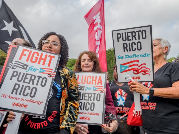 UNION SQUARE, NEW YORK, UNITED STATES - 2018/09/20: On the one year anniversary of Hurricane Maria, hundreds gathered in Union Square demanding justice for Puerto Rico. Many Puerto Ricans are still struggling for survival and fighting to remain, reclaim, and rebuild. (Photo by Erik McGregor/Pacific Press/LightRocket via Getty Images)