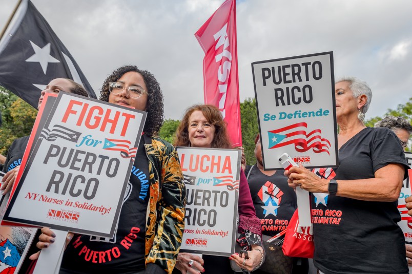 UNION SQUARE, NEW YORK, UNITED STATES - 2018/09/20: On the one year anniversary of Hurricane Maria, hundreds gathered in Union Square demanding justice for Puerto Rico. Many Puerto Ricans are still struggling for survival and fighting to remain, reclaim, and rebuild. (Photo by Erik McGregor/Pacific Press/LightRocket via Getty Images)