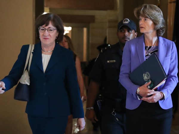 WASHINGTON, DC - OCTOBER 3: (L-R) Sen. Susan Collins (R-ME) and Sen. Lisa Murkowski (R-AK) walk together as they arrive to a closed-door lunch meeting of GOP Senators at the U.S. Capitol, October 3, 2018 in Washington, DC. An FBI report on current allegations against Supreme Court nominee Brett Kavanaugh is expected by the end of this week, possibly later today. (Photo by Drew Angerer/Getty Images)