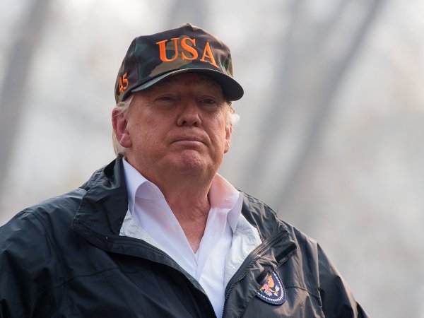 President Donald Trump tours the Skyway Villa Mobile Home and RV Park with Gov. Jerry Brown during his visit of the Camp Fire in Paradise, Calif. on Saturday, November 17, 2018. (Paul Kitagaki Jr./Regional Pool/Sacramento Bee)