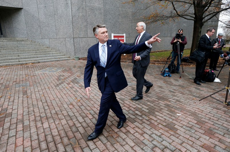 Republican Mark Harris, left, and his attorney David Freedman leave after speaking with the media following a meeting with state election investigators on Thursday, Jan. 3, 2019 at the Dobbs Building in Raleigh, N.C. (Ethan Hyman/Raleigh News & Observer/TNS)