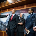 UNITED STATES - JANUARY 10: From left, Sens. Bernie Sanders, I-Vt.,  Cory Booker, D-N.J., Reps. Ilhan Omar, D-Minn., Joe Negues, D-Colo., and Ro Khanna, D-Calif., conduct a news conference in the Capitol to introduce a legislative package that would lower prescription drug prices in the U.S. on January 10, 2019. (Photo By Tom Williams/CQ Roll Call)