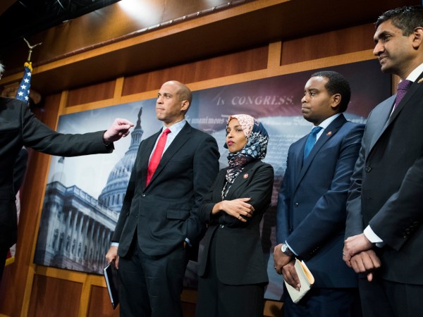 UNITED STATES - JANUARY 10: From left, Sens. Bernie Sanders, I-Vt.,  Cory Booker, D-N.J., Reps. Ilhan Omar, D-Minn., Joe Negues, D-Colo., and Ro Khanna, D-Calif., conduct a news conference in the Capitol to introduce a legislative package that would lower prescription drug prices in the U.S. on January 10, 2019. (Photo By Tom Williams/CQ Roll Call)