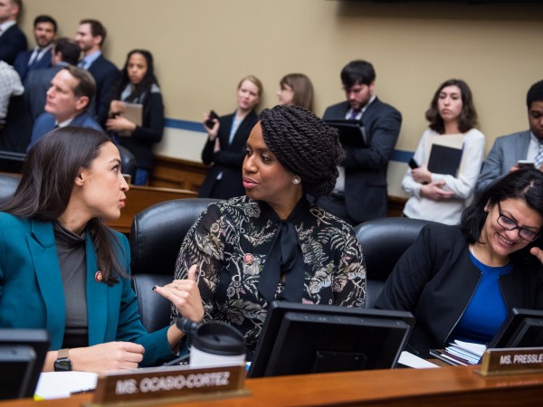 UNITED STATES - JANUARY 29: From left, Reps. Alexandria Ocasio-Cortez, D-N.Y., Ayanna Pressley, D-Mass., and Rashida Tlaib, D-Mich., attend a House Oversight and Reform Committee business meeting in Rayburn Building on Tuesday, January 29, 2019. (Photo By Tom Williams/CQ Roll Call)