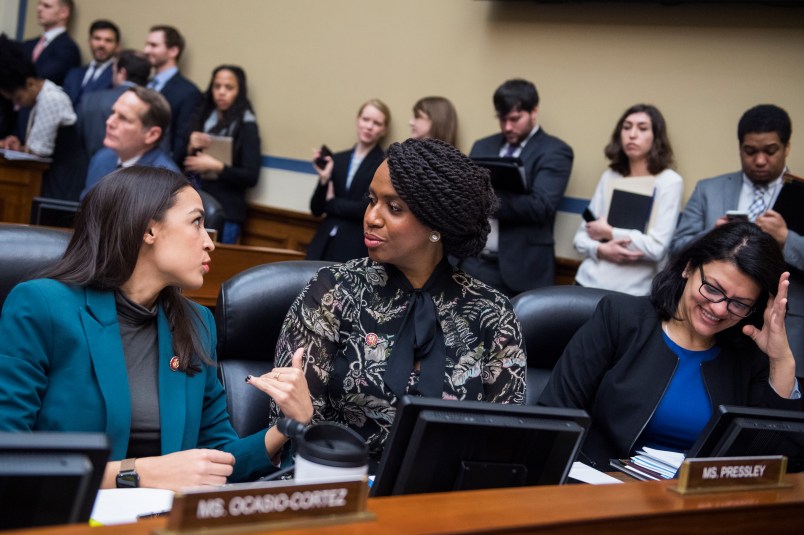 UNITED STATES - JANUARY 29: From left, Reps. Alexandria Ocasio-Cortez, D-N.Y., Ayanna Pressley, D-Mass., and Rashida Tlaib, D-Mich., attend a House Oversight and Reform Committee business meeting in Rayburn Building on Tuesday, January 29, 2019. (Photo By Tom Williams/CQ Roll Call)